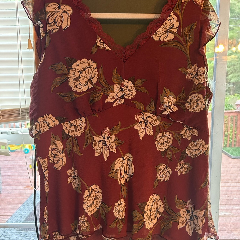 Maurices Burgundy Floral Blouse with Lace Trim